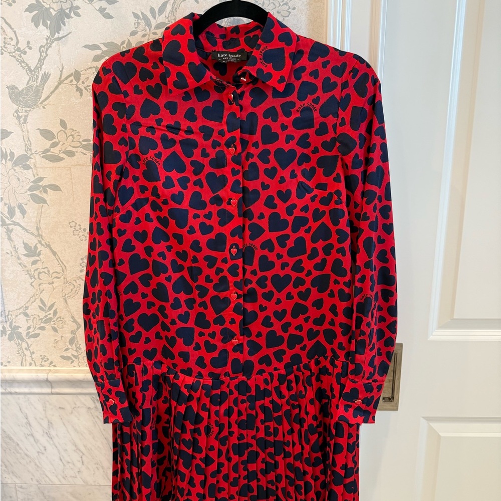 Kate Spade Sweet Hearts Print Red Pleated Shirt Dress XS